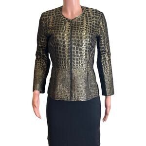 Grayse Jacket Womens 6 Snakeskin Print Black Gold Metallic Full Zip Peplum Hem